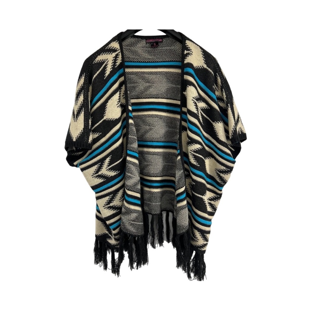 Rock & Roll Cowgirl SZ Small Black, Cream & Cyan Blue Southwestern Fringe Poncho